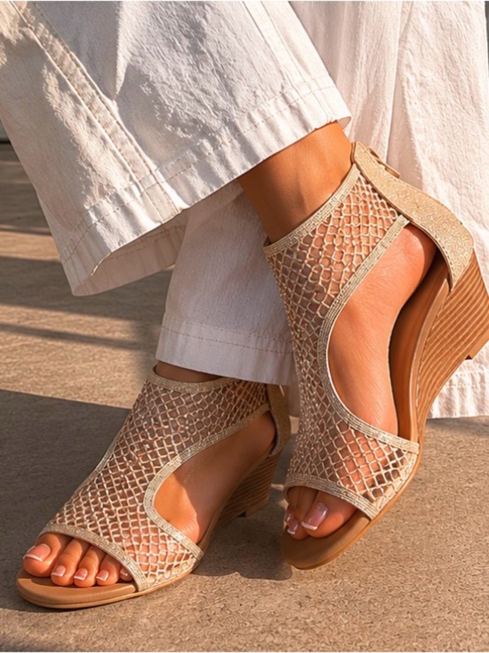 Beige Mesh Wedge Sandals Size 38 | Open Toe Summer Shoes